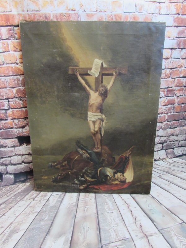 Original 19th Century oil painting (dead Cuirassier with crucifixion)