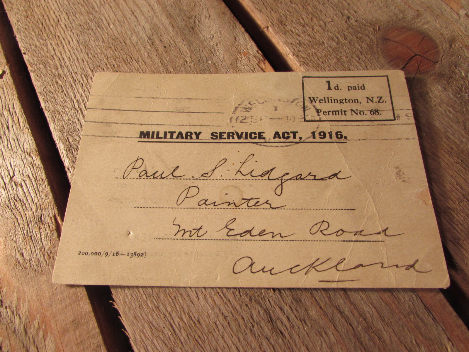 Military service act card 1916. New Zealand expeditionary force reserve.