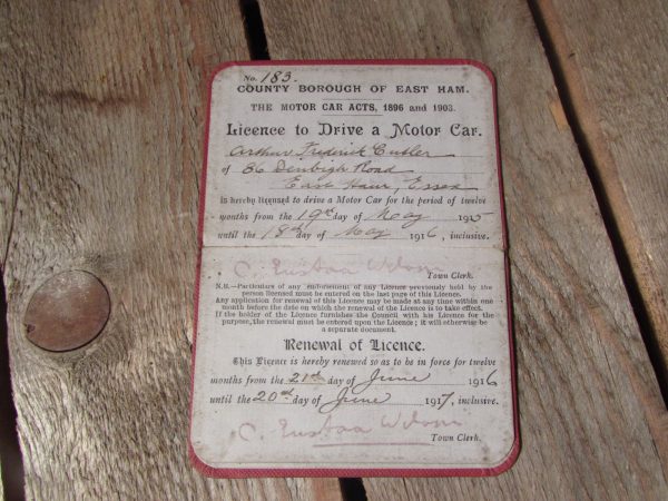 1915 Dated licence to drive a motor car, East Ham