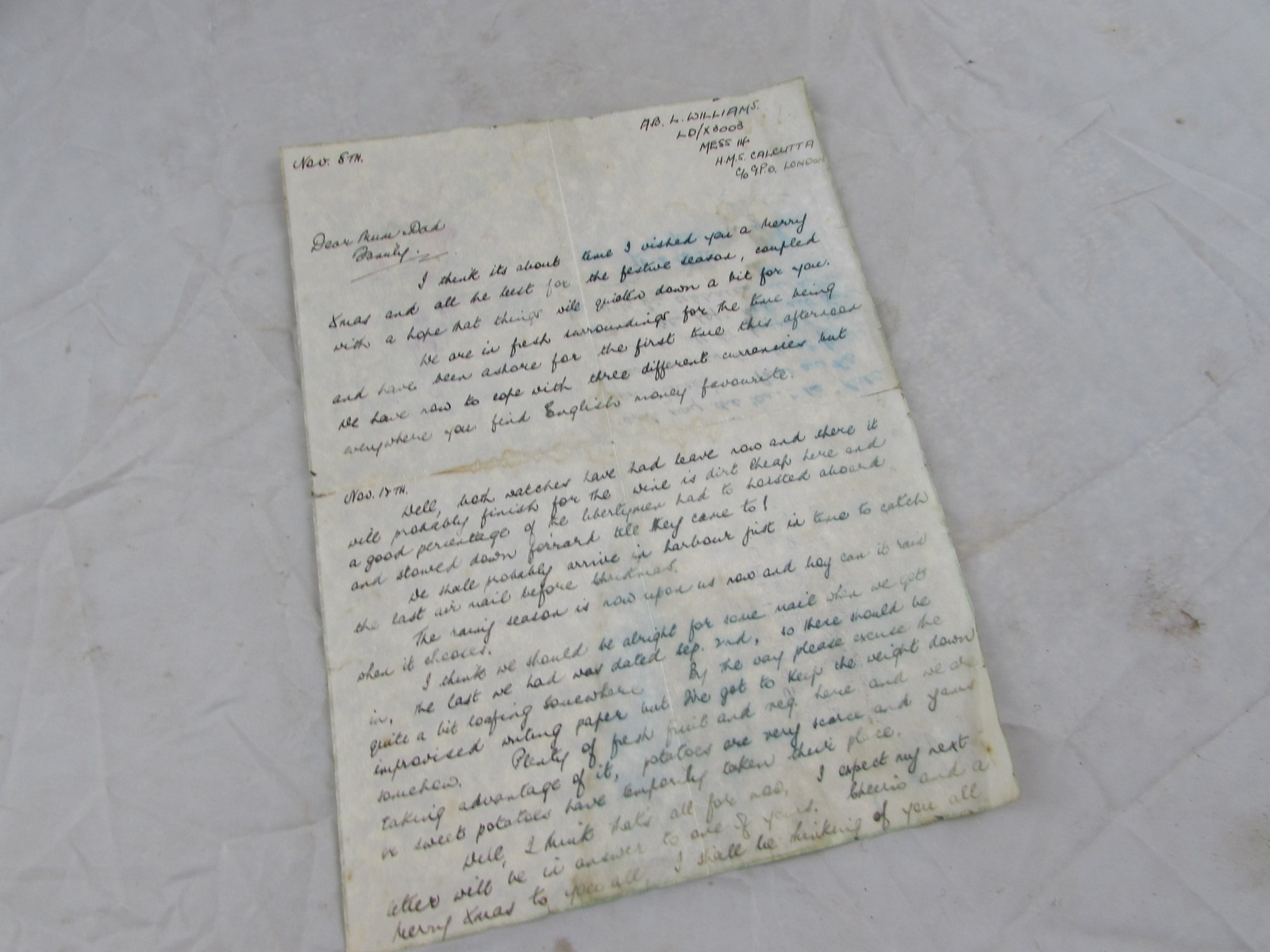 WW2 Letter HMS Calcutta, From Able Seaman