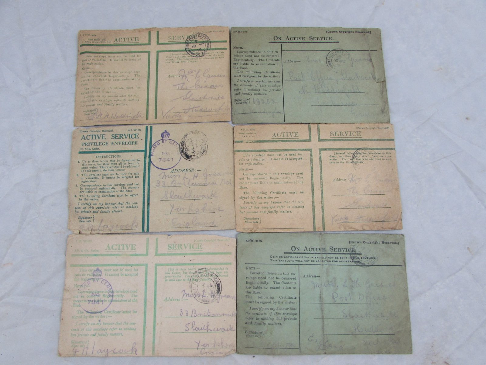 WW1 On Active Service ,Letter Envelopes