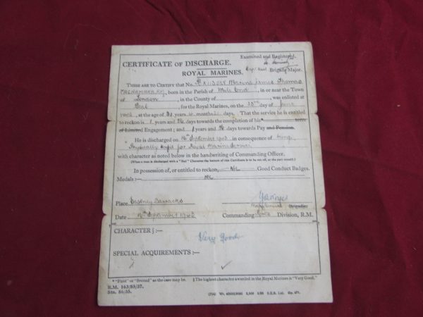 1942 Certificate of Discharge Royal Marines