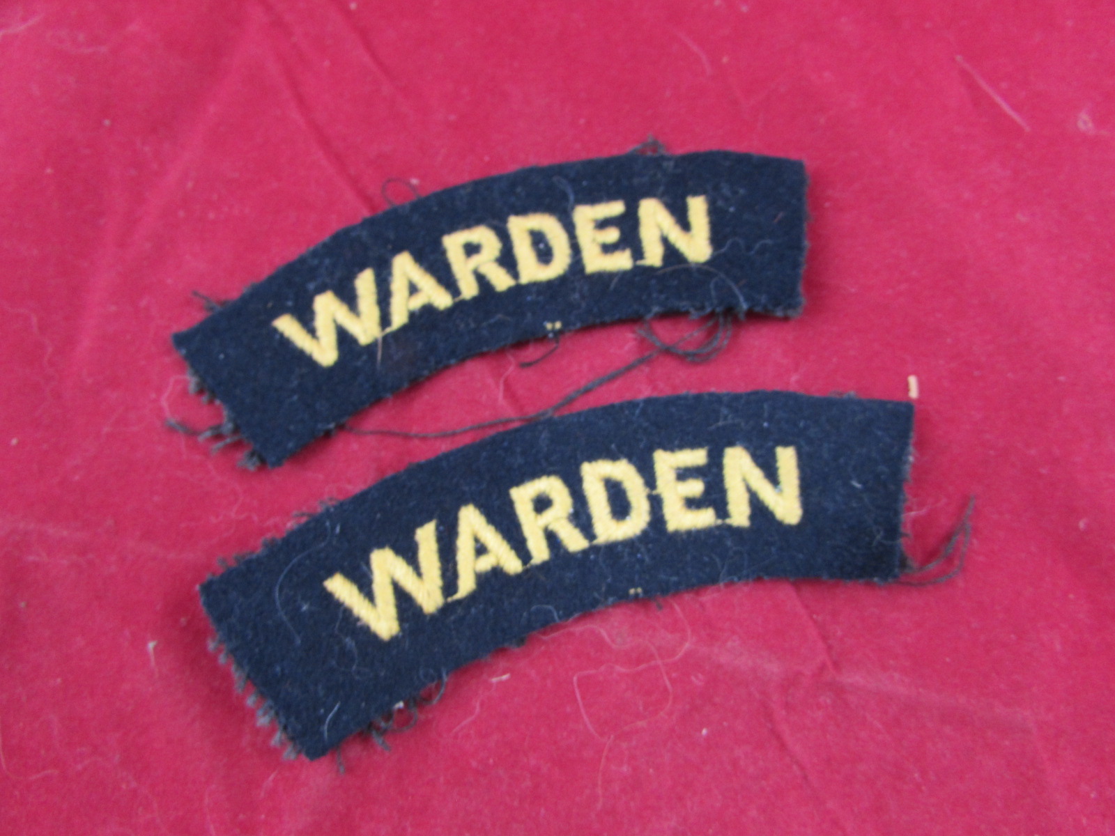Pair of wartime warden shoulder titles (cloth)