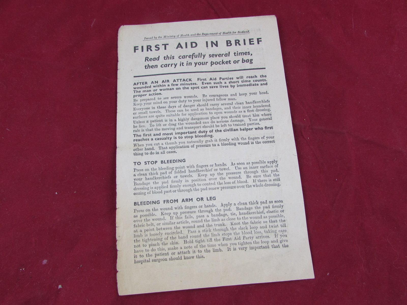 WW2 First Aid in Brief pamphlet for Scotland