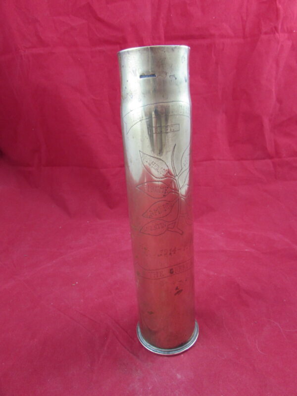 WW1 British 6 pdr MkII Brass Shell-case, Trench Art Leicester Regt