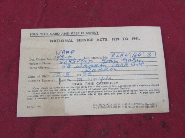 WAAF National Service Card 1939-41