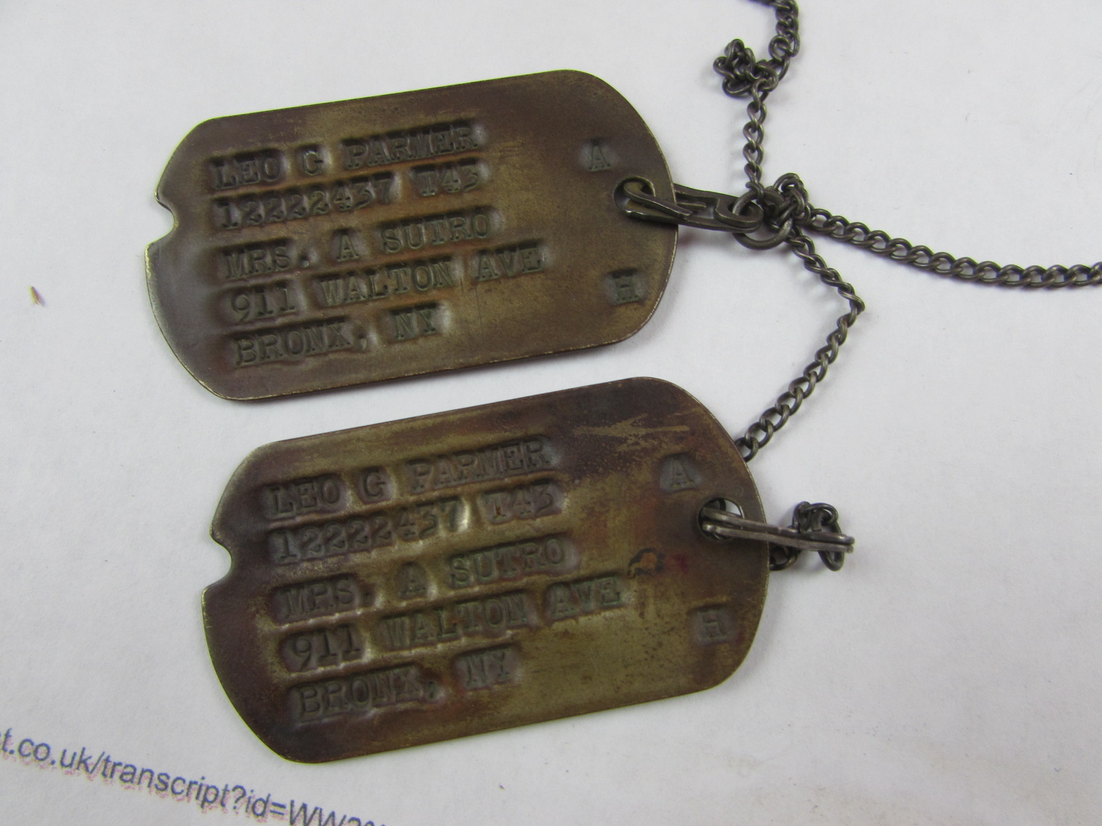 US WWII Next of Kin Dog Tag Set inc Chain. New York, Bronx (Medic)