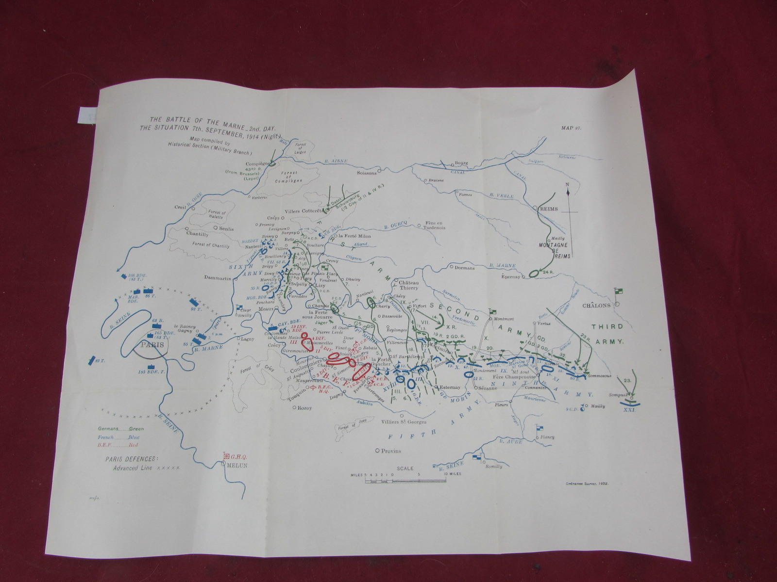 Western Front 7th September 1914, The Battle of the Marne, WW1 1932 map