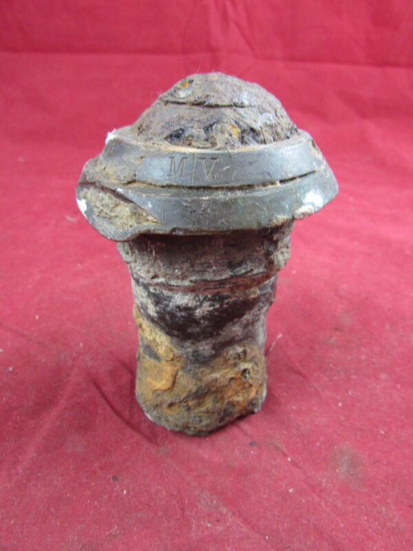 Relic German GrZ 04 Artillery shell fuse 1914 modification 45 mm percussion fuse-detonator without delay dated 1915 used on high explosive shells, recovered on the Ypres Battlefield of 1914-1918 in Belgium