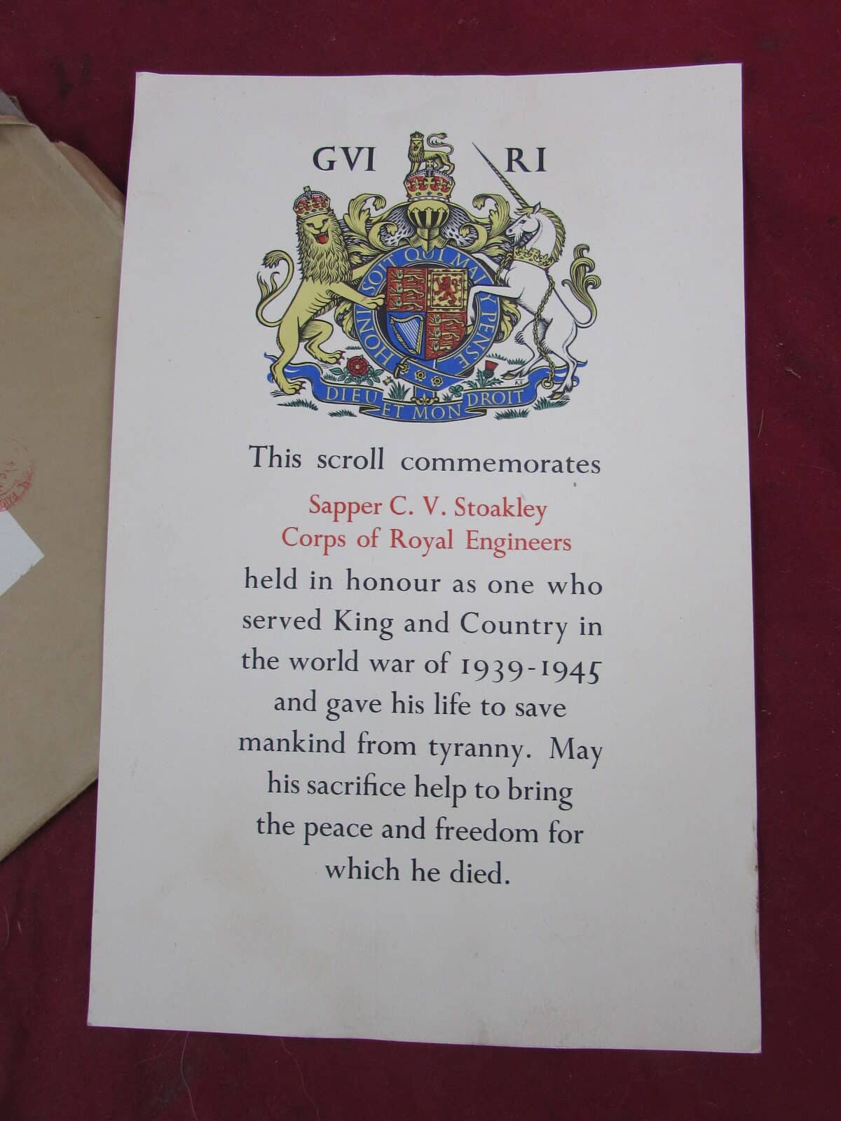 WW2 Memorial Scroll, captured at Singapore, died POW Taiwan