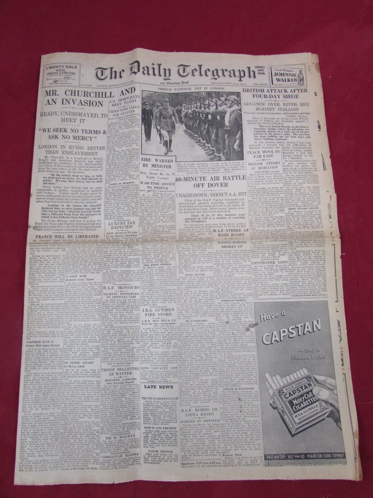 The Daily Telegraph Newspaper – 15th July 1940 (WW2 Period Original)