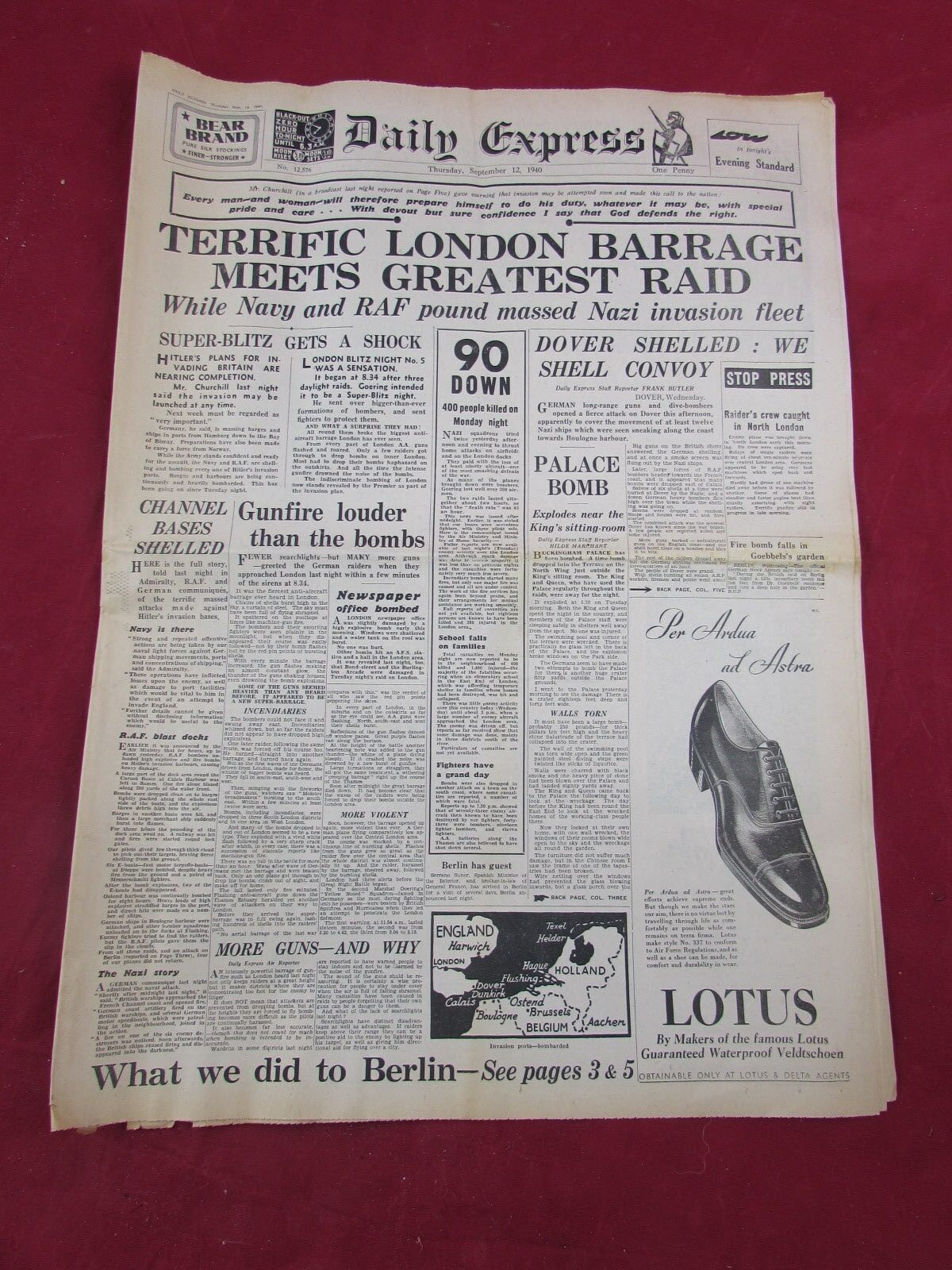 WW2 Daily Express Newspaper No.12576 – 12 September 1940 – Blitz / Battle of Britain Period