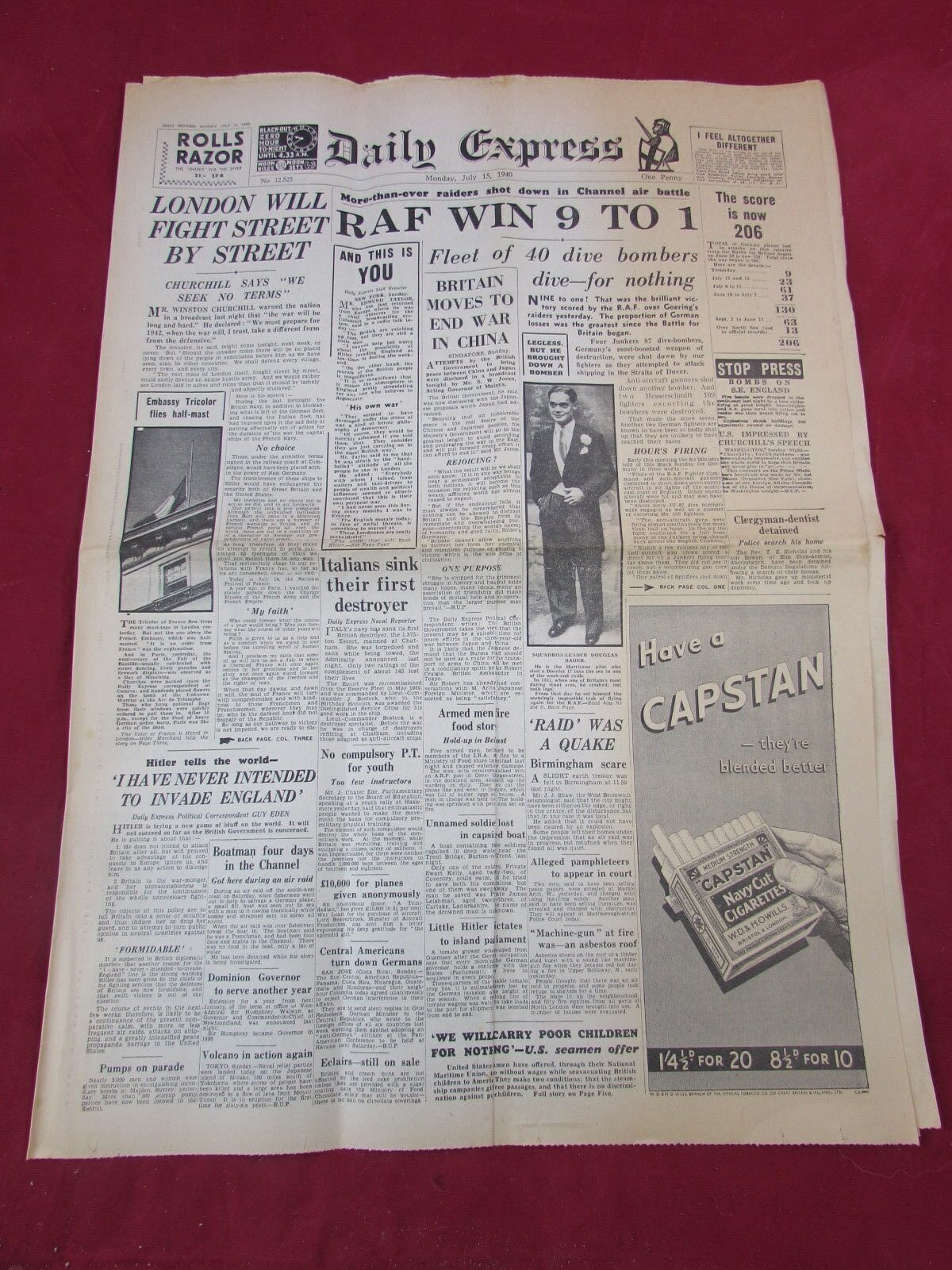 WW2 Daily Express Newspaper – 15 July 1940 – Battle of Britain Period – Original Wartime Issue