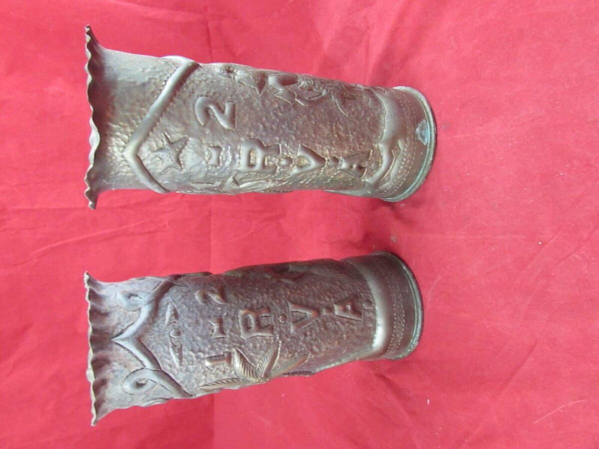 Pair of WW2 British 25 Pounder Trench Art Shell Cases – 1942 Dated – German Artillery Motifs