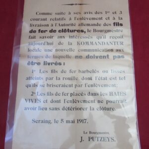 Original 1917 German Occupation of Belgium Poster – Commune of Seraing – WW1 Wall Poster – Dated 5 May 1917