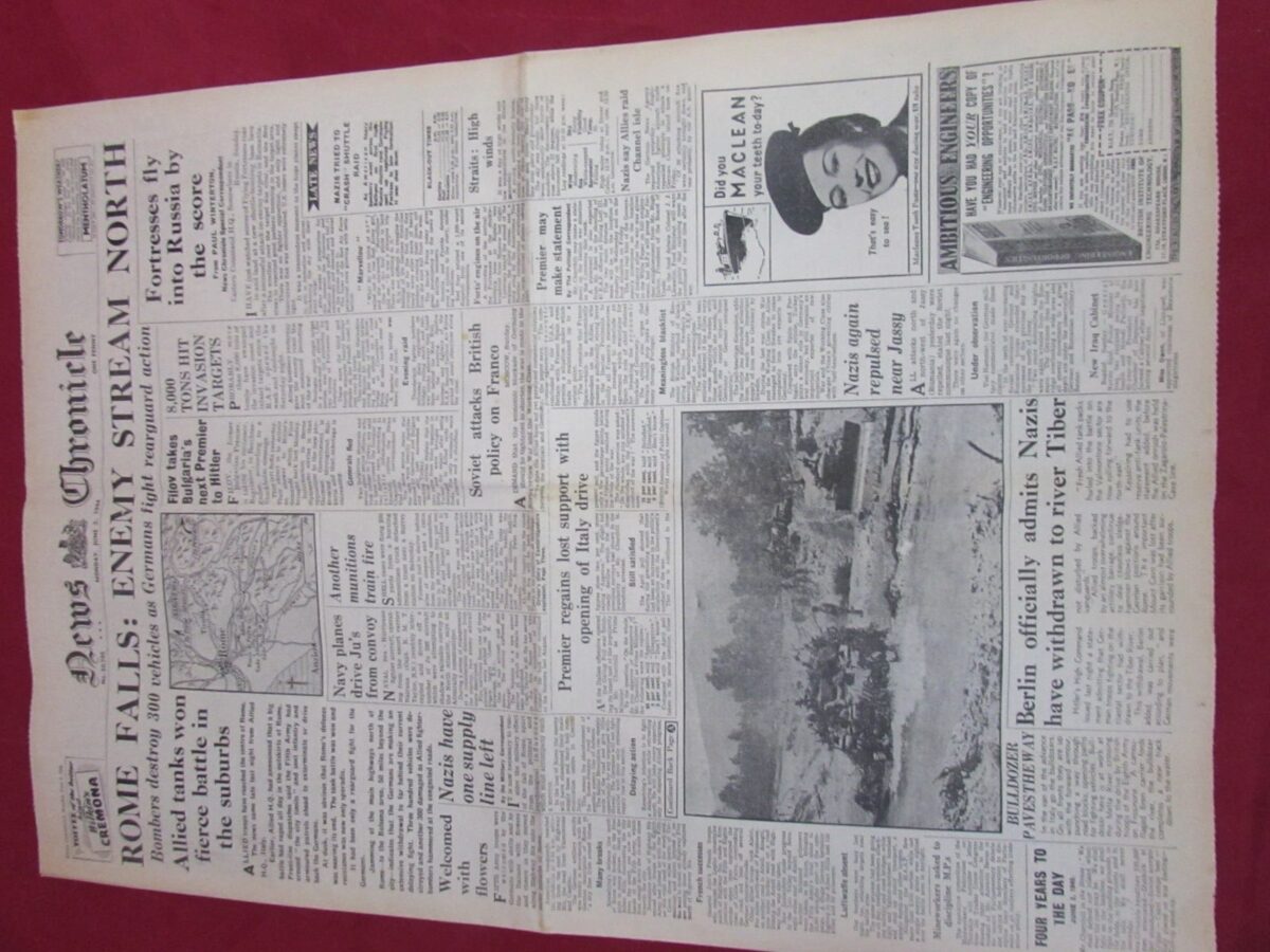 WW2 Newspaper – News Chronicle – 5 June 1944 – Rome Falls to Allies – Liberation of Rome Headline