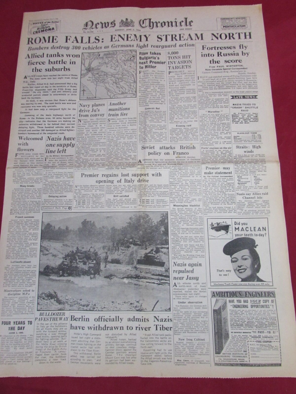 WW2 Newspaper – News Chronicle – 5 June 1944 – Rome Falls to Allies – Liberation of Rome Headline