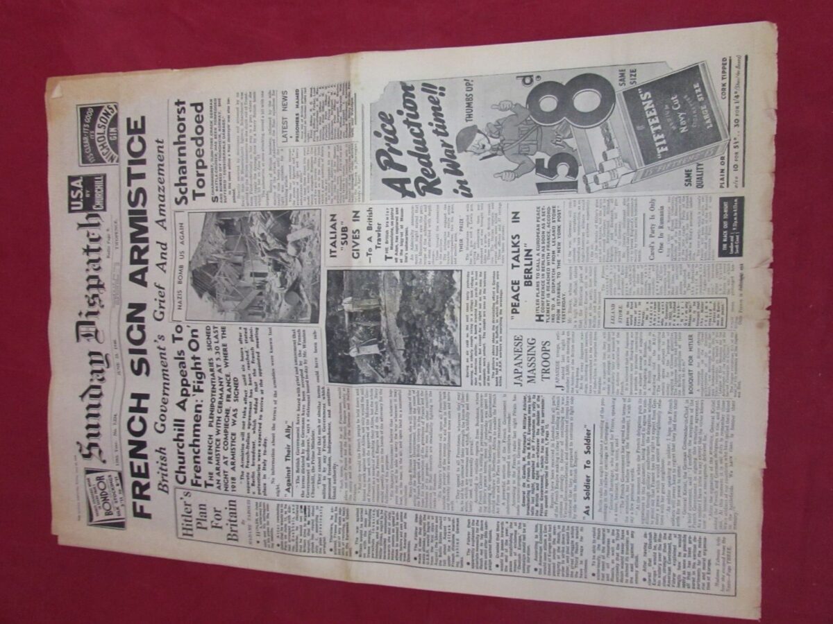 WW2 Newspaper – Sunday Dispatch – 23 June 1940 – France Signs Armistice – Churchill Appeals to Frenchmen