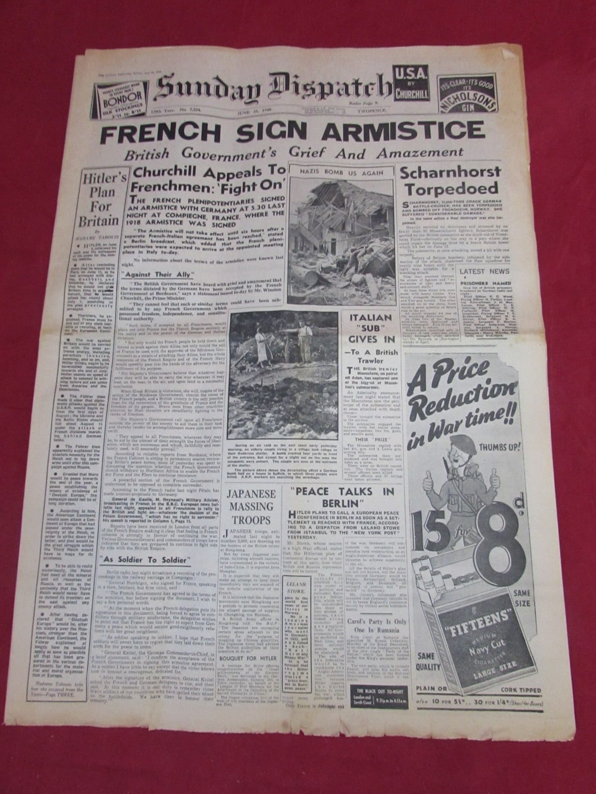 WW2 Newspaper – Sunday Dispatch – 23 June 1940 – France Signs Armistice – Churchill Appeals to Frenchmen