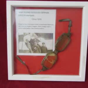 Rare WW1 German Pilot Flying Goggles D.R.G.M. c1915 – Hinged Tinted Anti-Glare Shields – Framed Display