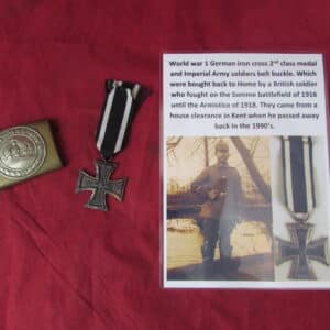 Original WWI Imperial German Iron Cross 2nd Class & Soldier's Belt Buckle Group Battlefield Bring-Back from the Somme – Veteran , A Rare Opportunity to Own Two Iconic Relics of the Great War